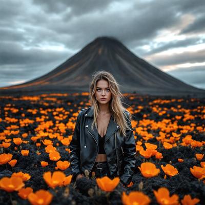 The primary subject of the image is a woman standing in a field of orange flowers. The setting is a natural environment with a mountain in the background. The visual style is a photo, capturing the woman's presence in the field. The dominant colors are orange and yellow, creating a warm and vibrant atmosphere.